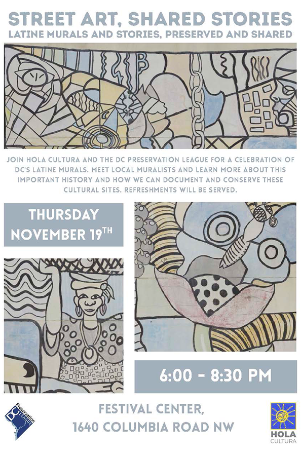 Event Flyer: Street Art, Shared Stories. Latine Murals and Stories, Preserved and Shared. Join us on November 19.